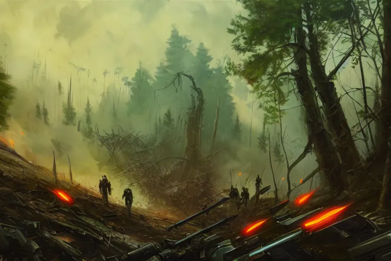 Prompt: grim oil painting of weaponized futuristic battlefield in a destroyed forest, magali villeneuve, trending on artstation