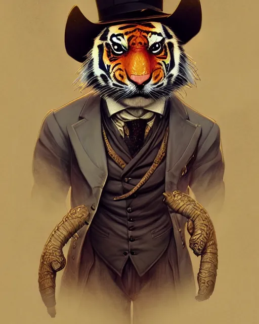 Image similar to anthropomorphic art of a detective tiger, victorian inspired clothing by artgerm, victo ngai, ryohei hase, artstation. fractal papersand books. highly detailed digital painting, smooth, global illumination, fantasy art by greg rutkowsky, karl spitzweg