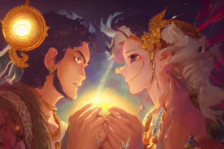 Image similar to close up moment of a divine a sun god and a moon goddess lovers magician at a wedding banquet, highly detailed, d & d, fantasy, 4 k realistic, digital painting, trending on artstation, concept art, sharp focus, illustration, art by makoto shinkai and akihiko yoshida and daniel gerhartz