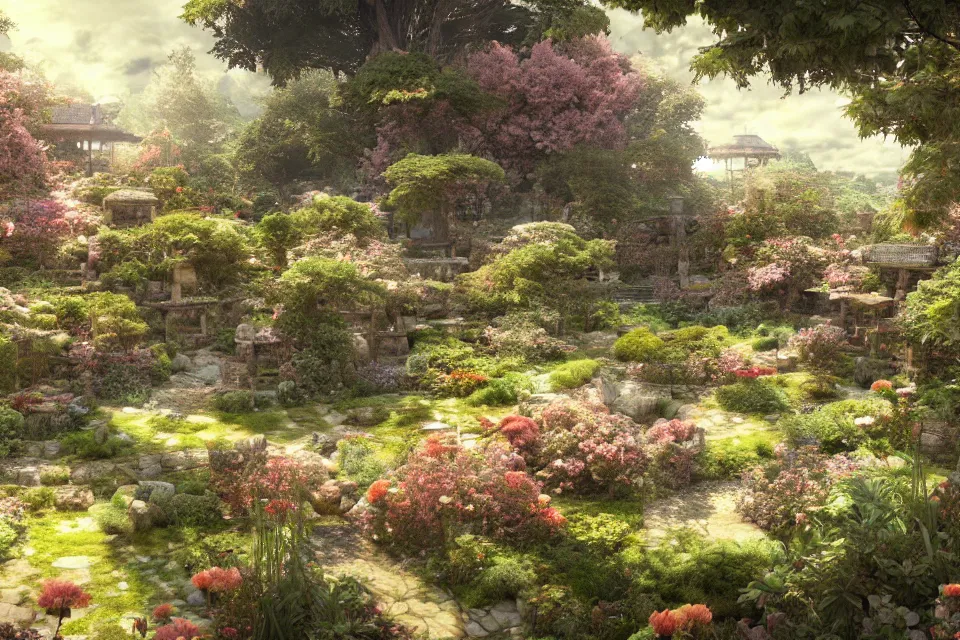 Prompt: A landscape of a garden, hidari, color page, tankoban, 4K, tone mapping, Akihiko Yoshida, tone mapping, highly detailed, super wide angle
