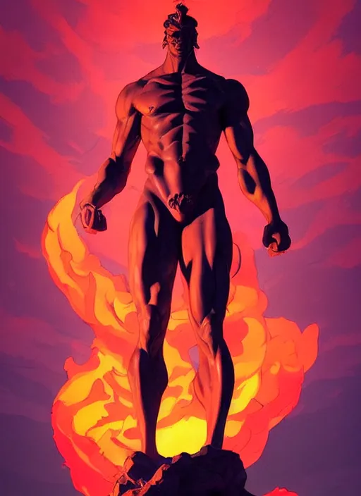 Prompt: statue of the ultimate gigachad standing in a sea of fire, heroic, glorious, in the style of artgerm, gerald brom, atey ghailan and mike mignola, vibrant colors and hard shadows and strong rim light, plain background, comic cover art, trending on artstation