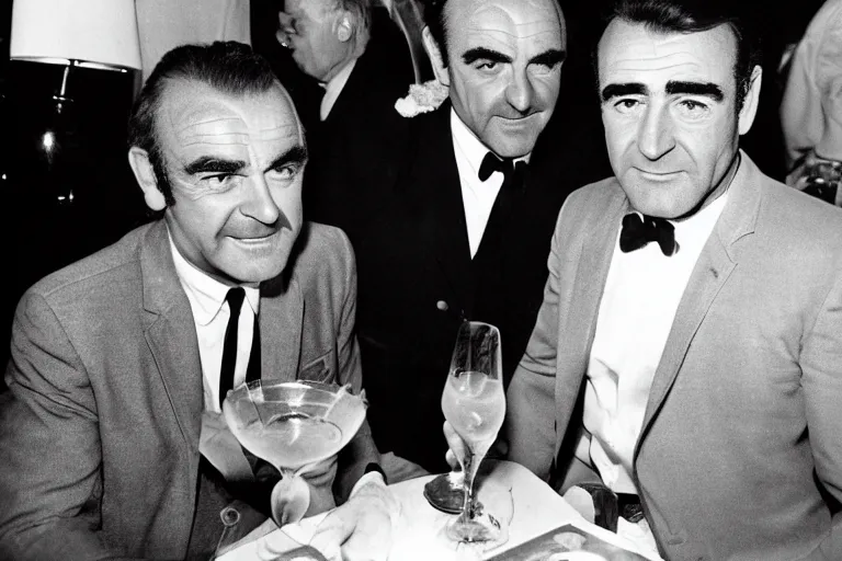 Prompt: sean connery and john lennon drinking martinis, color photograph, 1 9 6 0 s