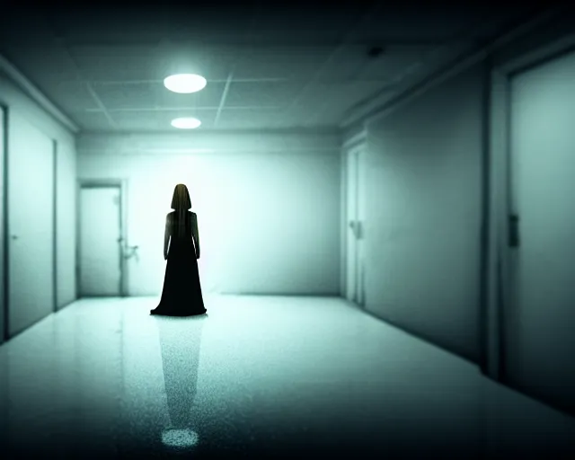 Prompt: creepy woman wearing white dress standing in the backrooms, playable trailer, psychological horror, the eerie forlorn atmosphere of a place that's usually bustling with people but is now abandoned and quiet, buzzing fluorescent lights above the ceiling, unsettling images, liminal space, dark