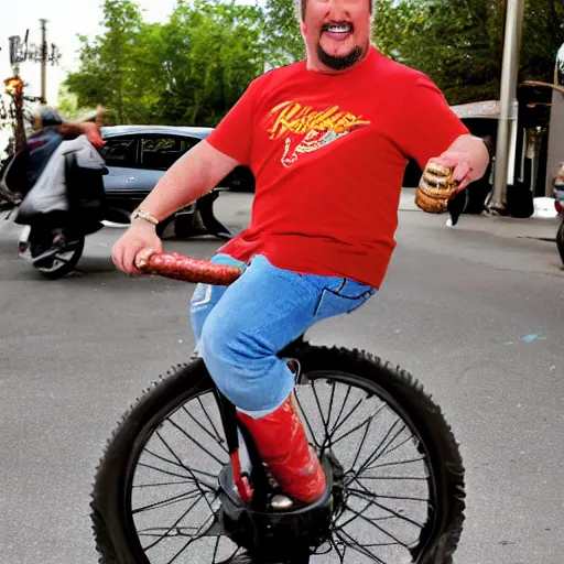 Image similar to guy fieri riding unicycle eating hot dog