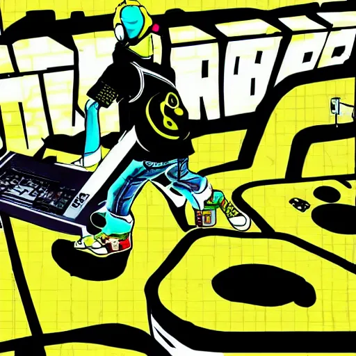 Image similar to jet set radio, jet grind radio, speakers, music, dj, grinding, digital art