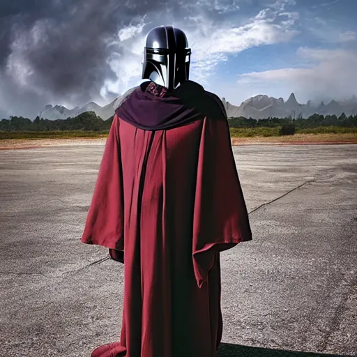 Image similar to a robed jedi with a mandalorian mask