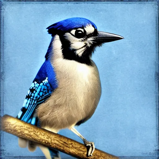 Prompt: a blue jay in the style of steam punk, realistic photo.