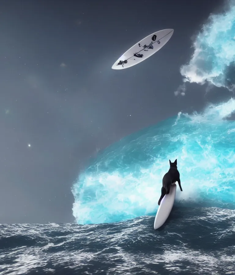 Image similar to photo of a dark gray coat pit bull with a white paws and a white nose!, trending on artstation surfing on a surfboard in a crashing wave of alien ocean in space, background is an alien galaxy, aliens in the background, alien colors, octane render, unreal engine, wide view, 8 k, highly detailed