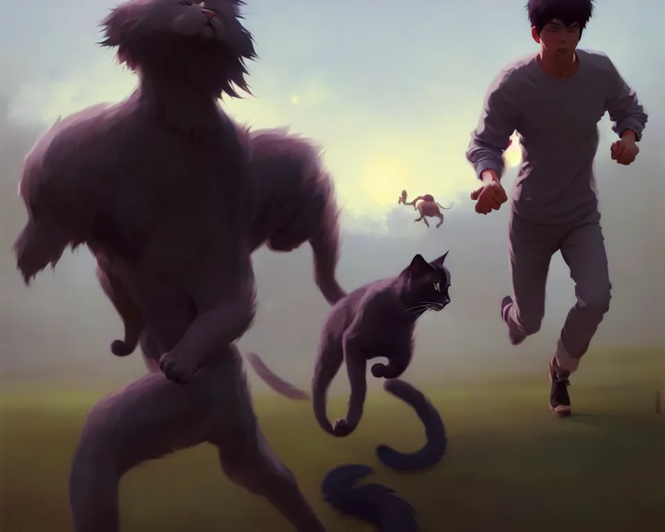 Image similar to a ultradetailed beautiful panting of a man chased by a giant cat, a very scary photo, by ilya kuvshinov, greg rutkowski and makoto shinkai, trending on artstation