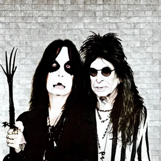 Prompt: alice cooper and ozzy osbourne in the style of american gothic