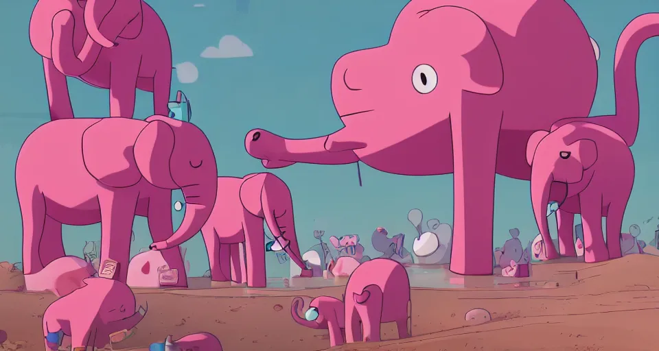 Prompt: cartoon pink elephants having a party, in the style of adventure time, the amazing world of gumball, pixar, toki doki, greg rutkowski and makoto shinkai, trending on artstation