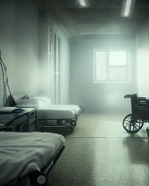 Image similar to artstation scifi scene of a shabby chinese hospital ward, big fan ， dust ， a bunch of light on a business card, bed, wheelchair, window, bedside table, paneled walls, unreal engine 5, hyper realism, realistic shading, cinematic composition, blender render, octane render, hdr, detailed textures, photorealistic, wide shot
