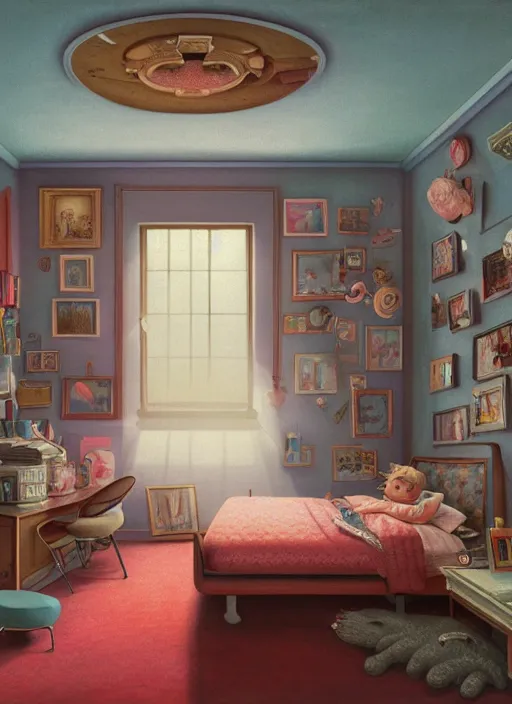 Prompt: highly detailed wide - angle portrait of a retro 1 9 6 0 s bedroom, nicoletta ceccoli, mark ryden, lostfish, earl nore, hyung tae, frank frazetta, global illumination, god rays, detailed and intricate environment