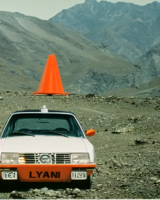 Image similar to film still of a toyota levin, mountain backround with a traffic cone nearby.