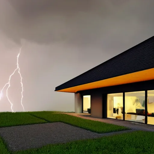 Prompt: exterior view of modern futuristic farm house architecture and barn, on a hill with a view overlooking the city, lightning in grey skies, detailed luminescent oil painting 4 k
