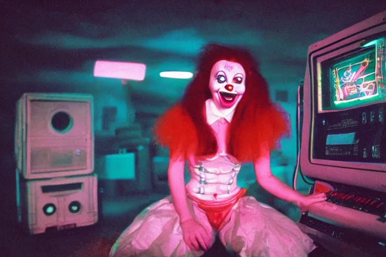 Prompt: clowngirl in clowncore funhouse, in 2 0 5 5, y 2 k cutecore clowncore, low - light photography, bathed in the glow of a crt monitor, still from a ridley scott movie