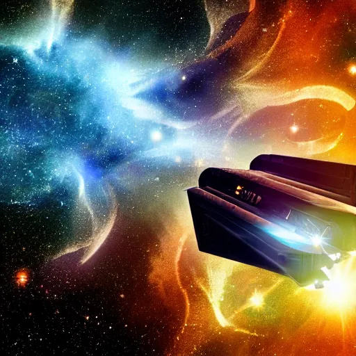 Prompt: A Star Trek spaceship drifting in space against a nebula background