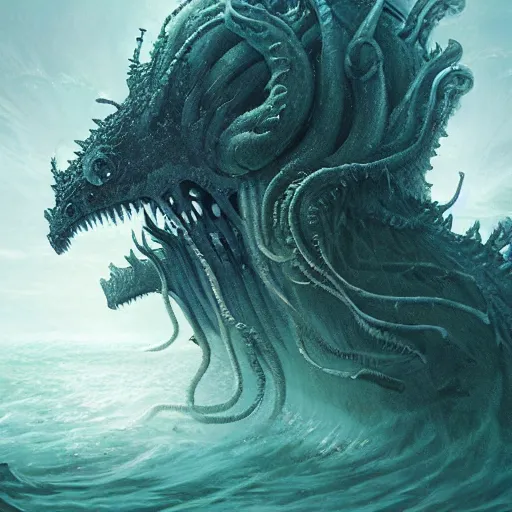 Image similar to sea beast of the depths in the style of michael whelan and h. p. lovecraft. hyperdetailed photorealism by greg rutkowski