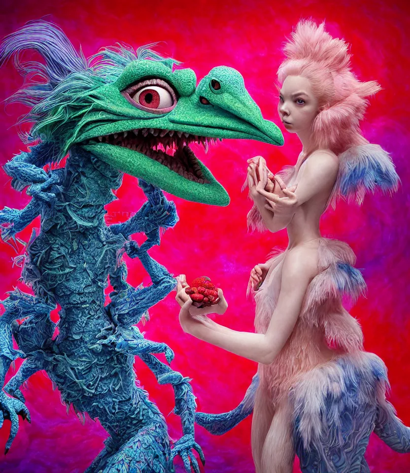 Image similar to hyper detailed 3d render like a Oil painting - kawaii portrait of two Aurora (a beautiful skeksis muppet fae princess protective playful expressive acrobatic from dark crystal that looks like Anya Taylor-Joy) seen red carpet photoshoot in UVIVF posing in scaly dress to Eat of the Strangling network of yellowcake aerochrome and milky Fruit and His delicate Hands hold of gossamer polyp blossoms bring iridescent fungal flowers whose spores black the foolish stars by Jacek Yerka, Ilya Kuvshinov, Mariusz Lewandowski, Houdini algorithmic generative render, golen ratio, Abstract brush strokes, Masterpiece, Edward Hopper and James Gilleard, Zdzislaw Beksinski, Mark Ryden, Wolfgang Lettl, hints of Yayoi Kasuma and Dr. Seuss, octane render, 8k