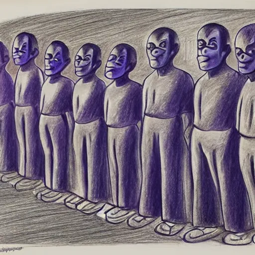 Prompt: mournful ultraviolet by bill ward, by ben shahn. a beautiful drawing of a group of people standing in a line. they are all facing the same direction & appear to be waiting for something.