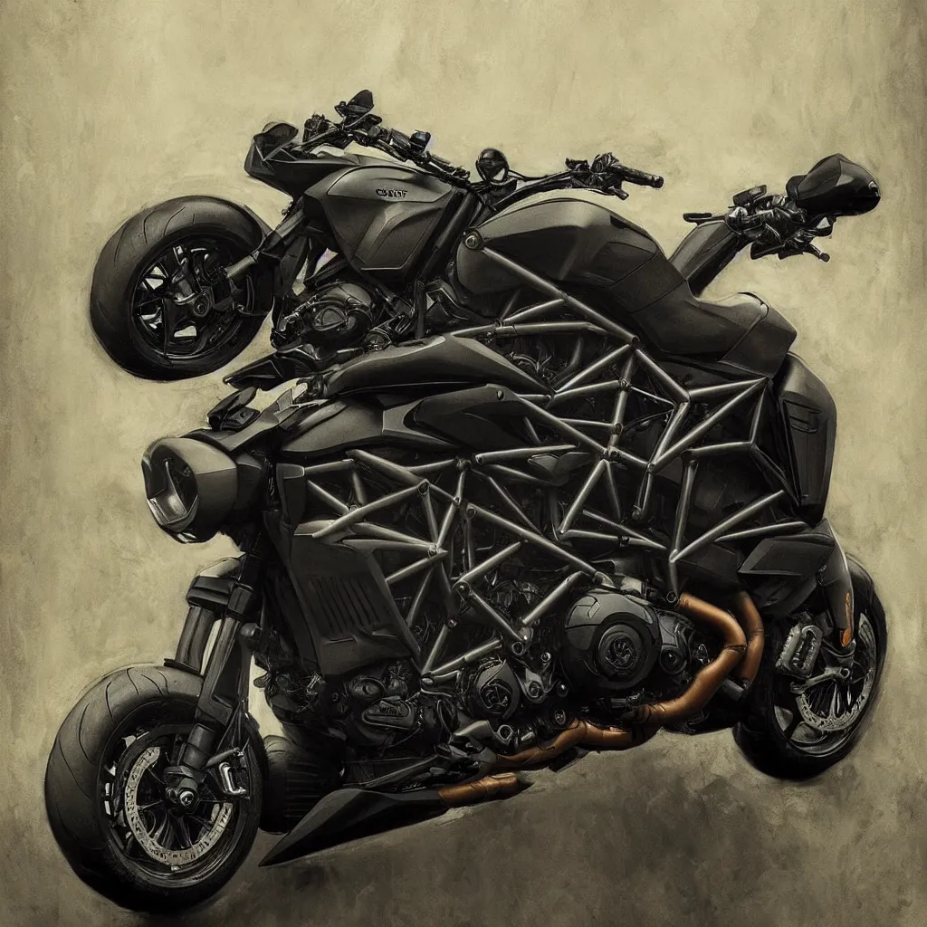 Image similar to ducati diavel. dark colors. menacing. haunting. frightening. trending on artstation. award winning. artgem. greg rutkowski. beksinski. extremely detailed. 4 k.