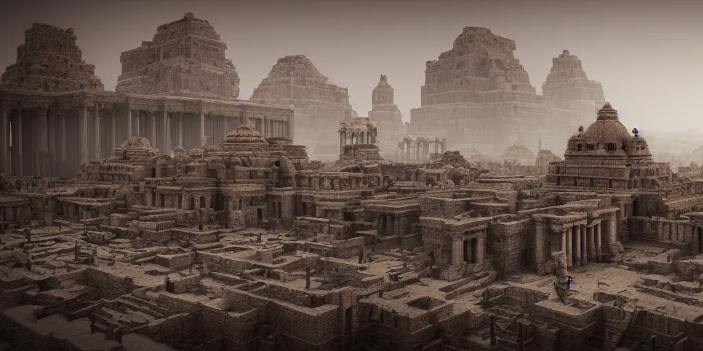 Prompt: ancient urban city view, building, desert, temple, cinematic composition, mist, obscure render light dark