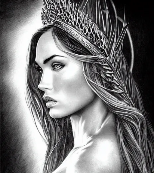 Image similar to portrait of megan fox as beautiful aphrodite goddess as an archer, arrow crown, beautiful piercing eyes, flowing blonde hair, realistic face, black and white drawing, in the style of greg rutkowski, fantasy, amazing detail, epic, intricate, elegant, smooth, sharp focus