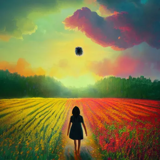 Image similar to giant flower as a head, girl walking in flower field, surreal photography, sunrise, dramatic light, impressionist painting, colorful clouds, digital painting, artstation, simon stalenhag