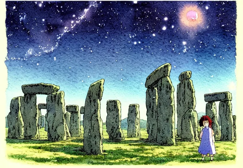 Image similar to a simple watercolor studio ghibli movie still fantasy concept art of stonehenge. a giant squid from princess mononoke ( 1 9 9 7 ) holding large stones. it is a misty starry night. by rebecca guay, michael kaluta, charles vess