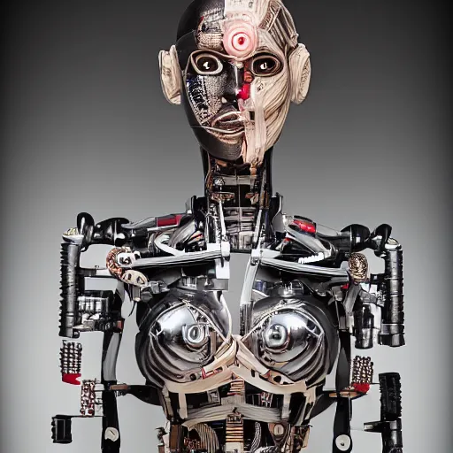 Image similar to papier - mache of a female cyborg. studio lighting, canon 5 d 5 0 mm lens