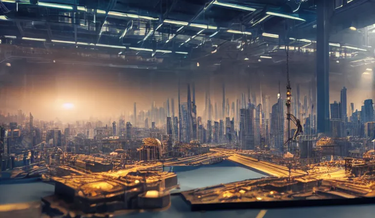 Image similar to group of people in simple warehouse, looking at hologram of futuristic city on a table, cinematic concept art, godrays, golden hour, natural sunlight, 4 k, clear details, tabletop model buildings, center model buildings, hologram center, crane shot, crane shot, crane shot