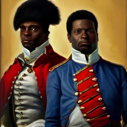 Image similar to portrait of napoloen bonaparte and toussaint l'ouverture standing proudly shoulder to shoulder, painting by rose roosendaal, trending on artstation