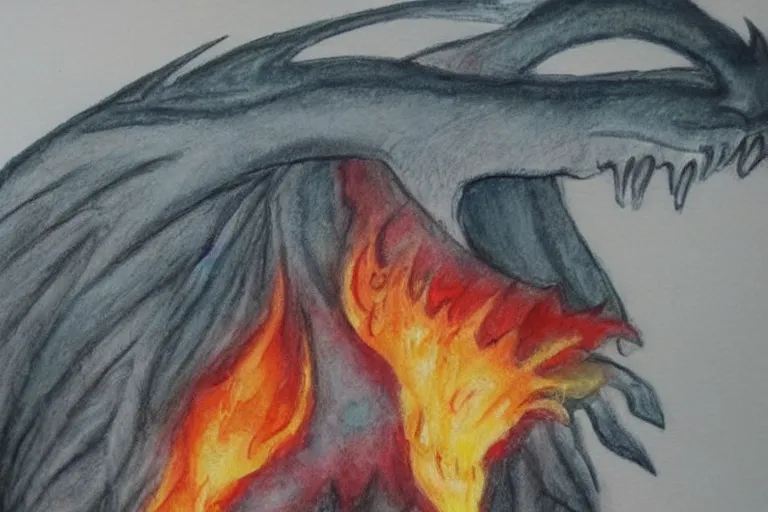 Prompt: a child's watercolor pencil painting of fire - breathing dragon.