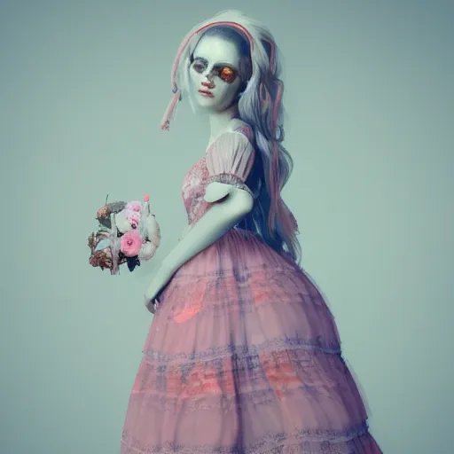 Image similar to 8 k, octane render, realism, tonalism, renaissance, rococo, baroque, cotton candy, portrait of a creepy young lady wearing long 1 9 7 0 s babydoll dress with flowers and skulls