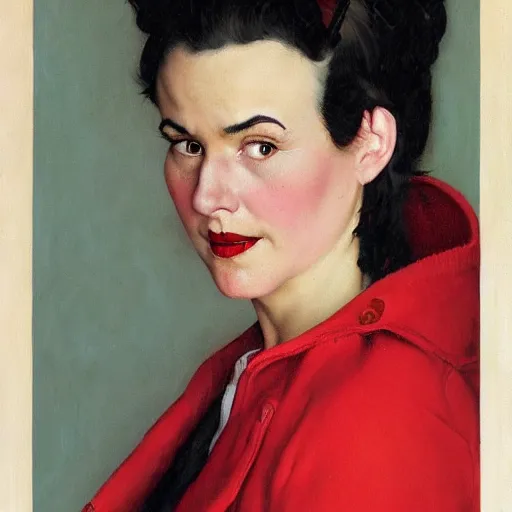 Prompt: Frontal portrait of a woman with porcelain skin, black hair and a red coat. Painting by Norman Rockwell.