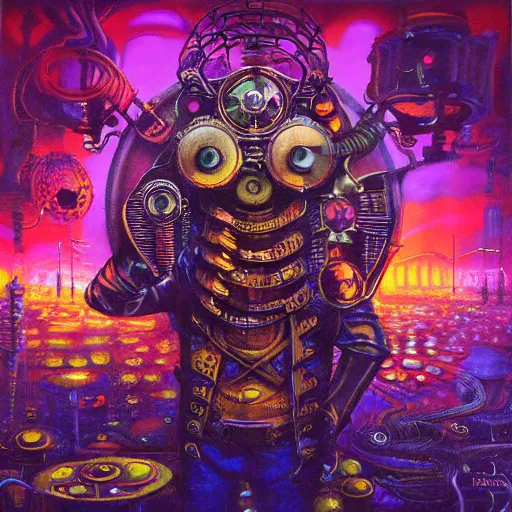 Image similar to steampunk rat, acid, 303, psychedelic, by paul lehr, cd cover for techno artist