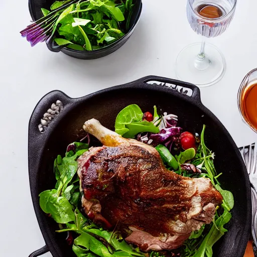 Prompt: lamb shank, beautifully seasoned, side of salad, cookbook photo, good composition