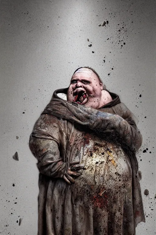 Image similar to a obese gray sniveling rat person wearing a decaying brown cloak, color painting by michal karcz