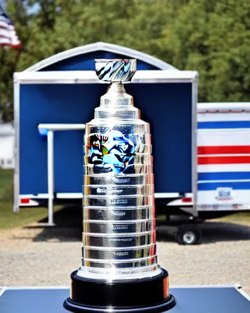 Prompt: a photo of the stanley cup in front of a trailer park