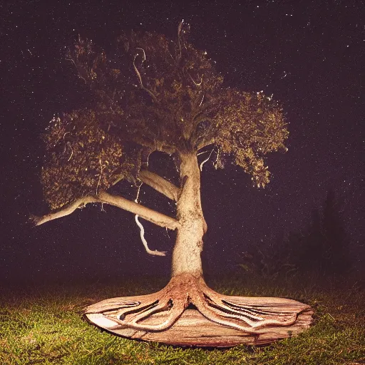 Prompt: a big old dead tree that looks an octopus in front of the full moon. clear detailed shadow on the ground. octane render, cinematic photo telelens far away, amazing light, bokeh.