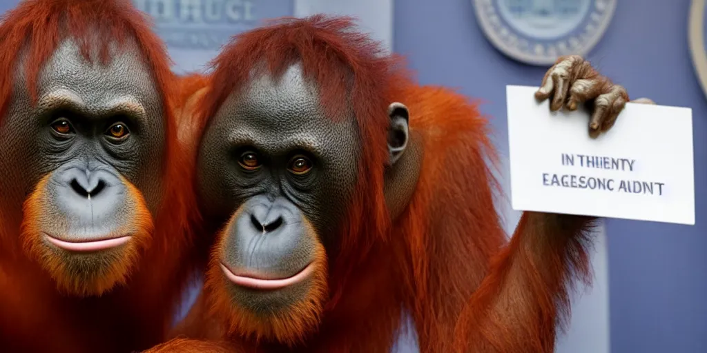 Prompt: an orangutan in the white house giving a press conference, high quality image