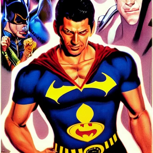 Image similar to young jeff goldblum as bruce wayne, muscular, batman t shirt, movie poster, joe jusko, boris vallejo