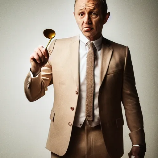 Prompt: Photo of a stern man in a beige peak lapel suit holding up a spoon in his hand in a menacing way, chiaroscuro, medium shot, cinematic promo material