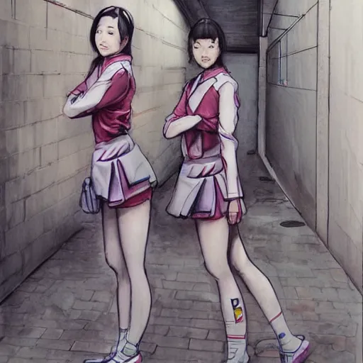 Image similar to a perfect, realistic professional digital sketch of a Japanese schoolgirls posing in a futuristic alleyway, style of Marvel, full length, by pen and watercolor, by a professional American senior artist on ArtStation, a high-quality hollywood-style sketch, on high-quality paper