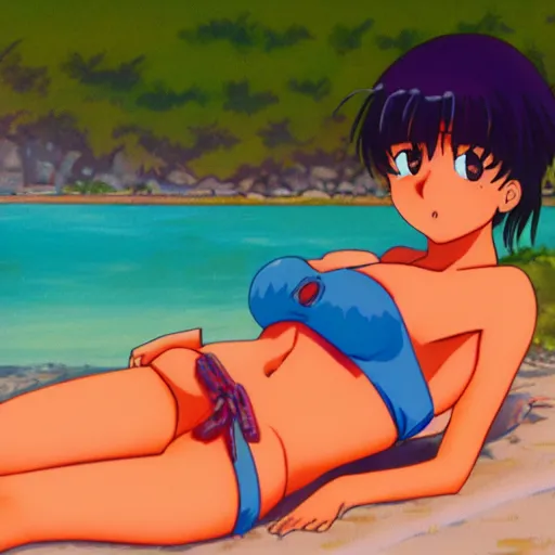 Prompt: girl in a swimsuit at the beach, visual novel cg, 8 0 s anime vibe, kimagure orange road, maison ikkoku, trending on artstation