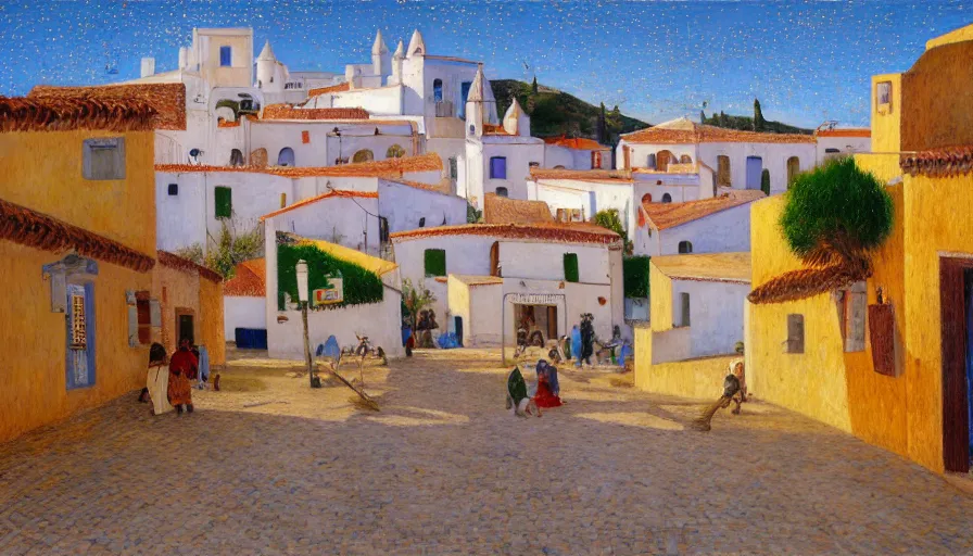 Prompt: a 1 9 9 8 southern spain town painted by arthur bispo do rosario, jules bastien - lepage, tarsila do amaral, frank weston and gustave baumann, trending on artstation, mediterranean, star, sharp focus, colorful refracted sparkles and lines, soft light, 8 k 4 k