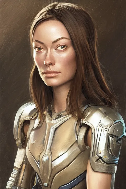 Image similar to a professional painting of a young Olivia Wilde, clothes in military armor, olive skin, long dark hair, beautiful bone structure, symmetrical facial features, intricate, elegant, digital painting, concept art, smooth, sharp focus, illustration, from StarCraft by Ruan Jia and Mandy Jurgens and Artgerm and William-Adolphe Bouguerea