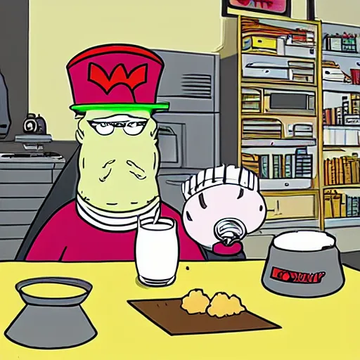 Prompt: master shake using a bong, realistic, meatwad in background