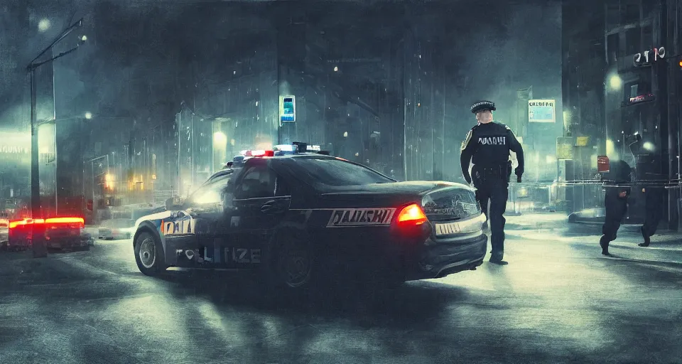 Image similar to as a painting, man getting arrested by police, police car in background with bright police sirens, lens glare, dramatic lighting, cinematic, establishing shot, extremely high detail, photo - realistic, cinematic lighting