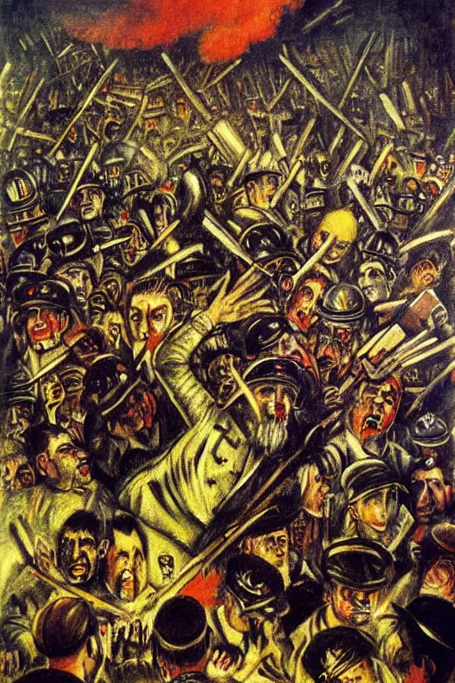 Prompt: highly detailed painting of a riot, otto dix, dark